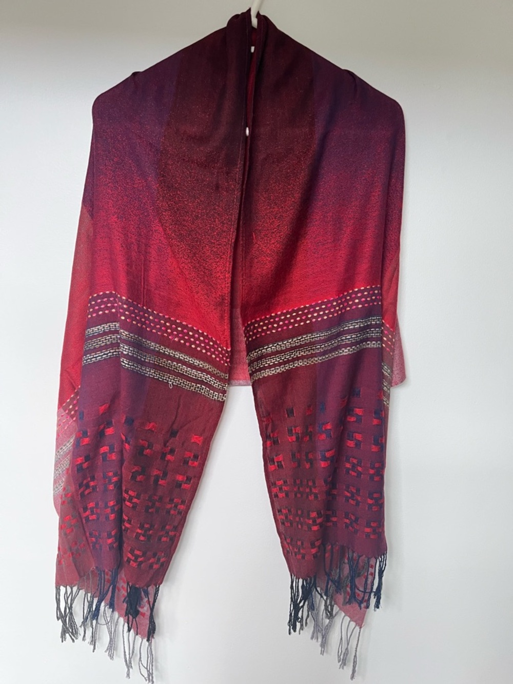 Vintage Red & Burgundy & Blue Woven Fringe Scarf Wrap Shawl